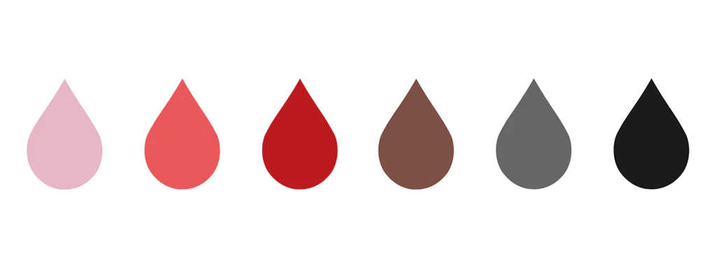 Eine Illustration, die sechs stilisierte Wassertropfen nebeneinander auf weißem Hintergrund zeigt. Jeder Tropfen hat eine andere Farbe, die eine Farbscala von Periodenblut darstellt: Hellrosa, Hellrot, Dunkelrot, Braun, Grau und Schwarz. Das Bild dient der enttabuisierten Darstellung der Menstruation und der Aufklärung über unterschiedliche Blutungsfarben im weiblichen Zyklus.