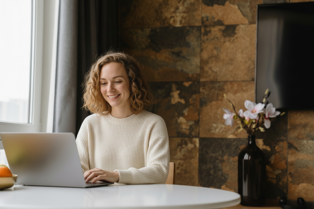 Frau schaut ein Webinar am Laptop