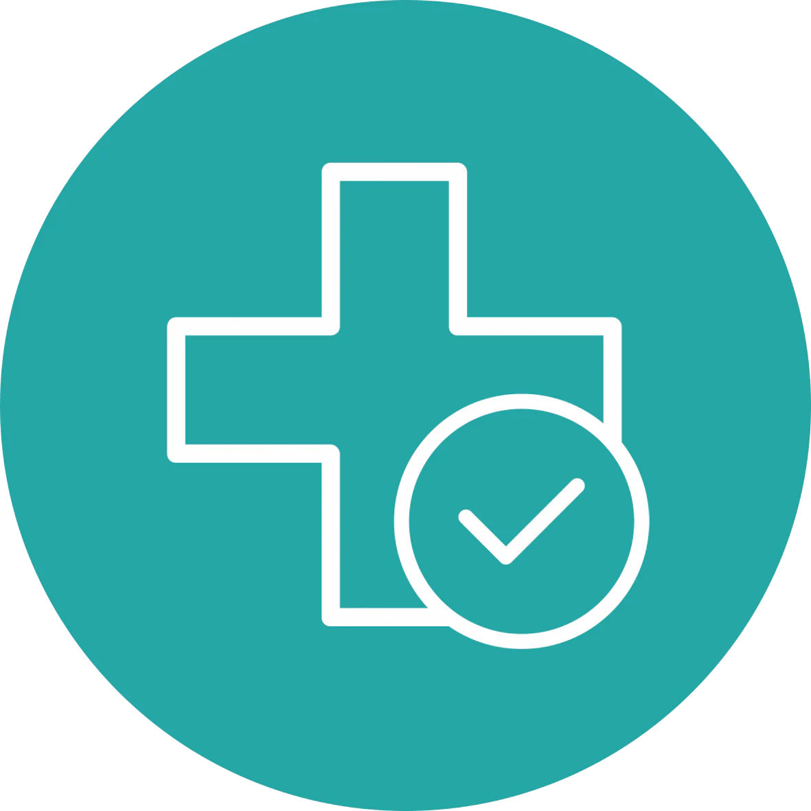 Ein weißes, kreisförmiges Icon auf türkisfarbenem Hintergrund. Zu sehen ist ein medizinisches Kreuz, das unten rechts von einem kleinen Kreis mit einem Haken (Checkmark) überlagert wird. Das Icon visualisiert das Sicherheitsversprechen: „trackle ist ein medizinisch geprüftes Produkt.“