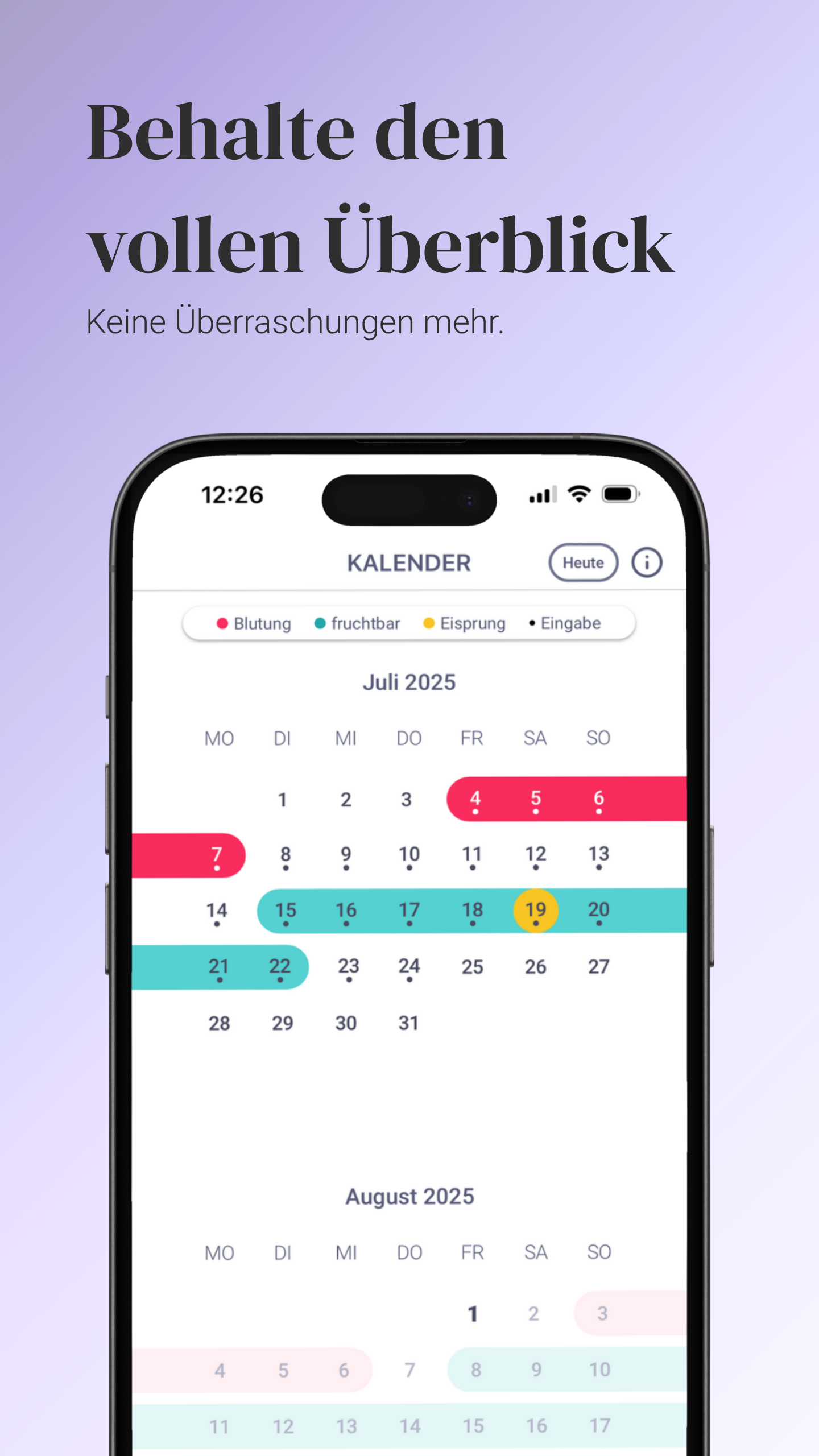 Infografik mit der Überschrift „Behalte den vollen Überblick“. Gezeigt wird ein Smartphone mit dem trackle-Zykluskalender für Juli und August 2025, in dem fruchtbare Tage, Blutung und Eisprung farblich markiert sind.